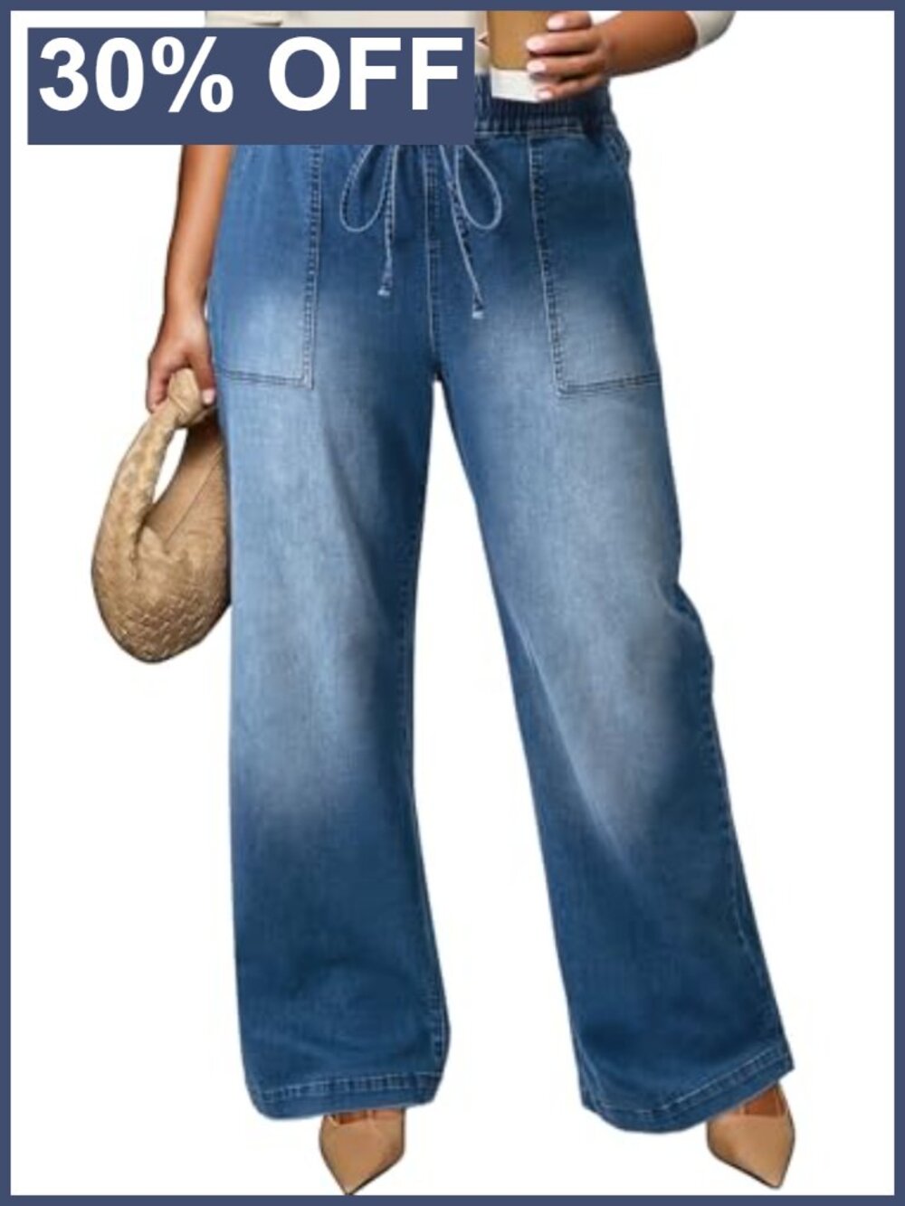 Plus Size High Waisted Wide Leg Jeans Stretchy Drawstring Denim Pants